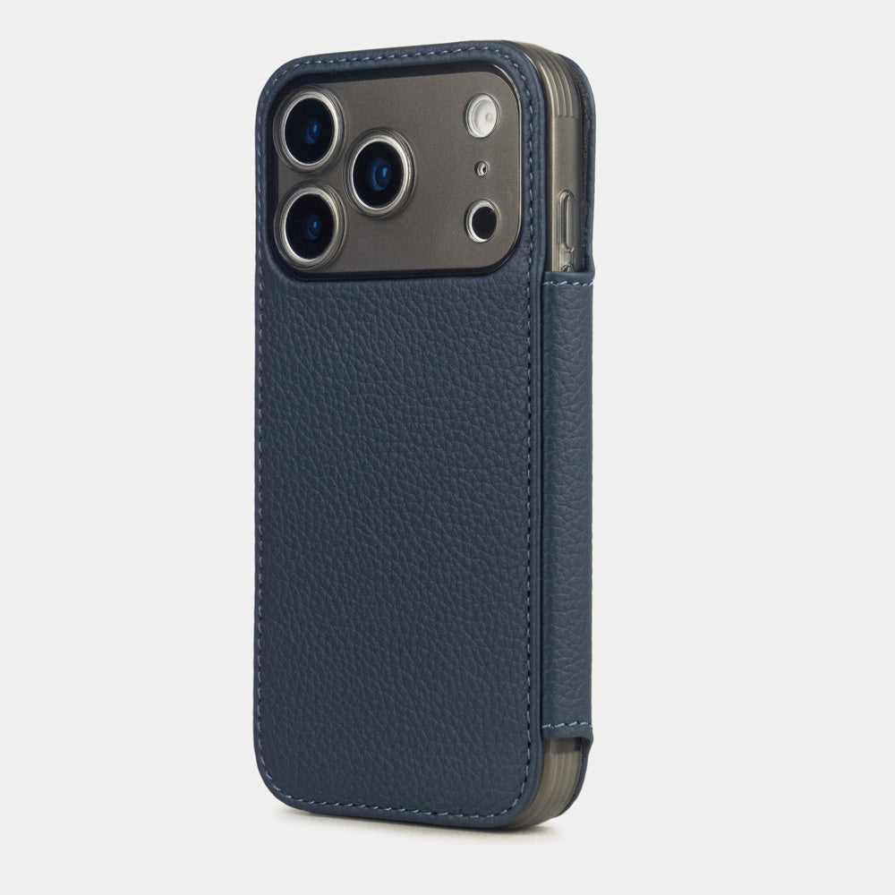 blue Calfskin Wallet Case iPhone 17 Pro silver - view from camera side and how the lenses are efficiently protected
