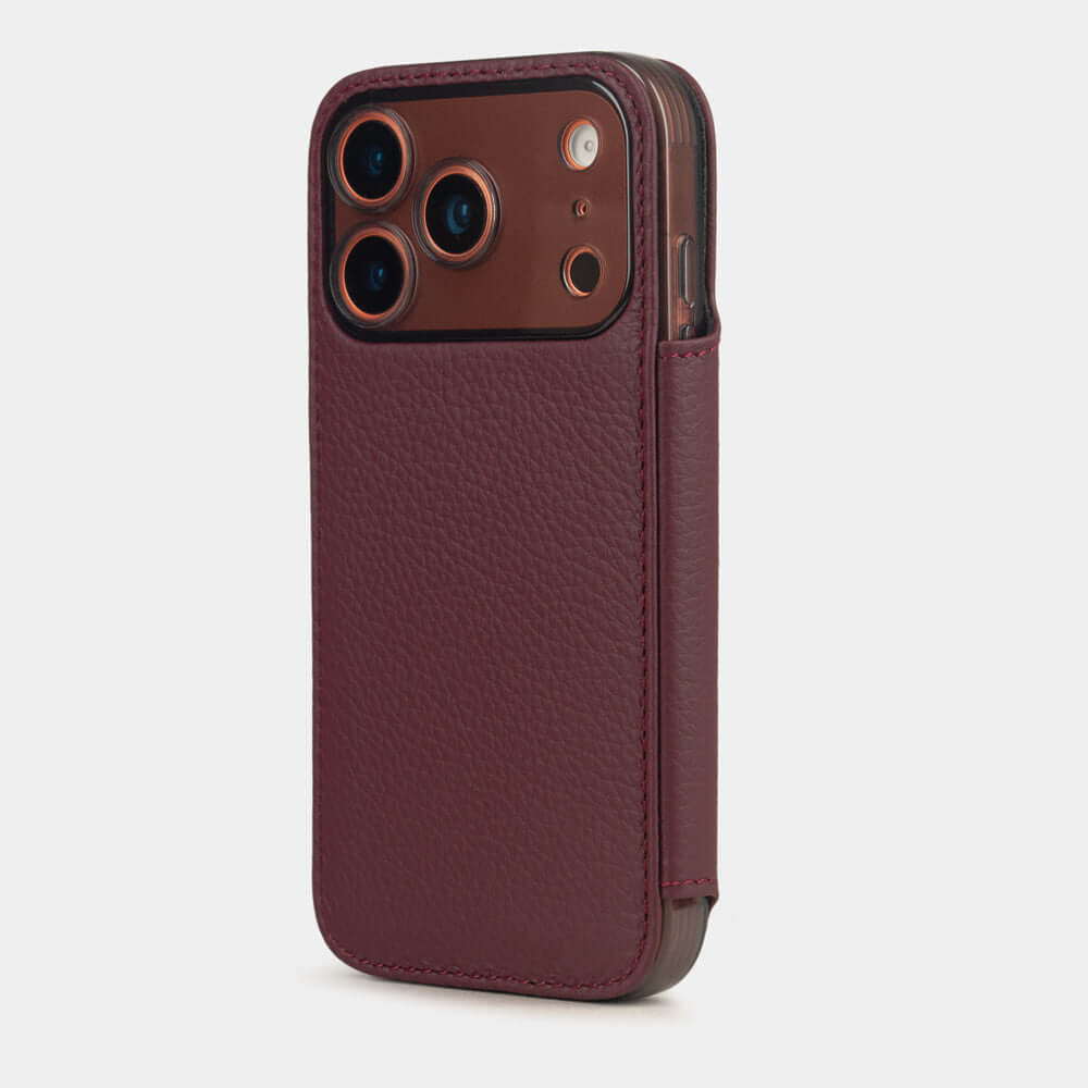Bordeaux Calfskin Wallet Case iPhone 17 Pro Max orange - view from camera side and how the lenses are efficiently protected
