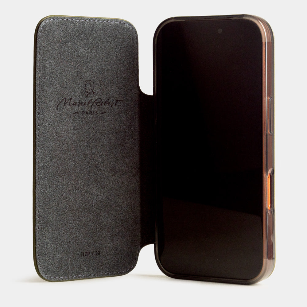 green calfskin Wallet Case iPhone 17 Pro Max - case with grey Alcantara lining shown open on smartphone