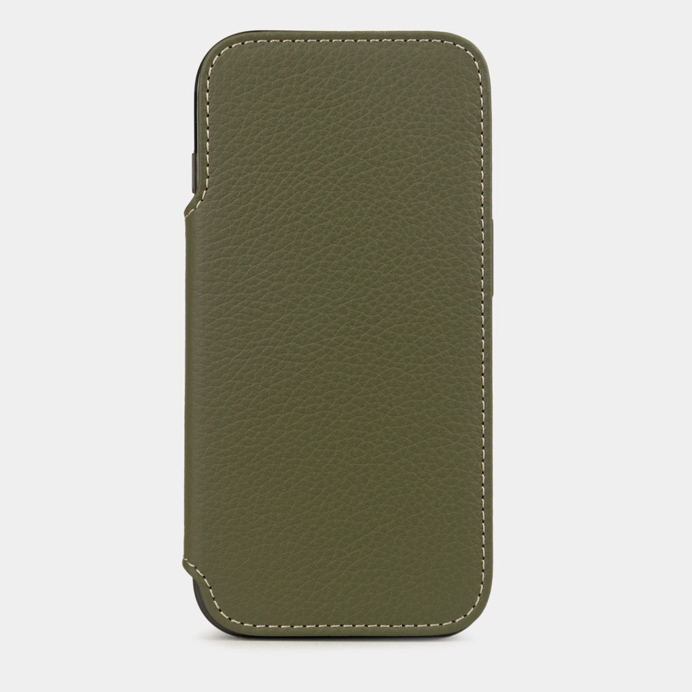 iPhone 17e & 16e calfskin folio wallet case green – luxury handcrafted iPhone case in genuine leather with magnetic flap in closed position