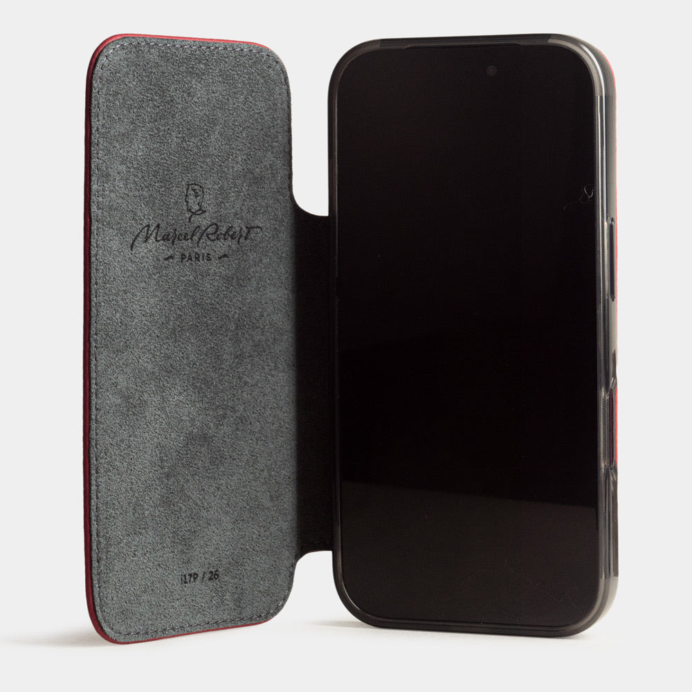red calfskin Wallet Case iPhone 17 Pro Max - case with grey Alcantara lining shown open on smartphone