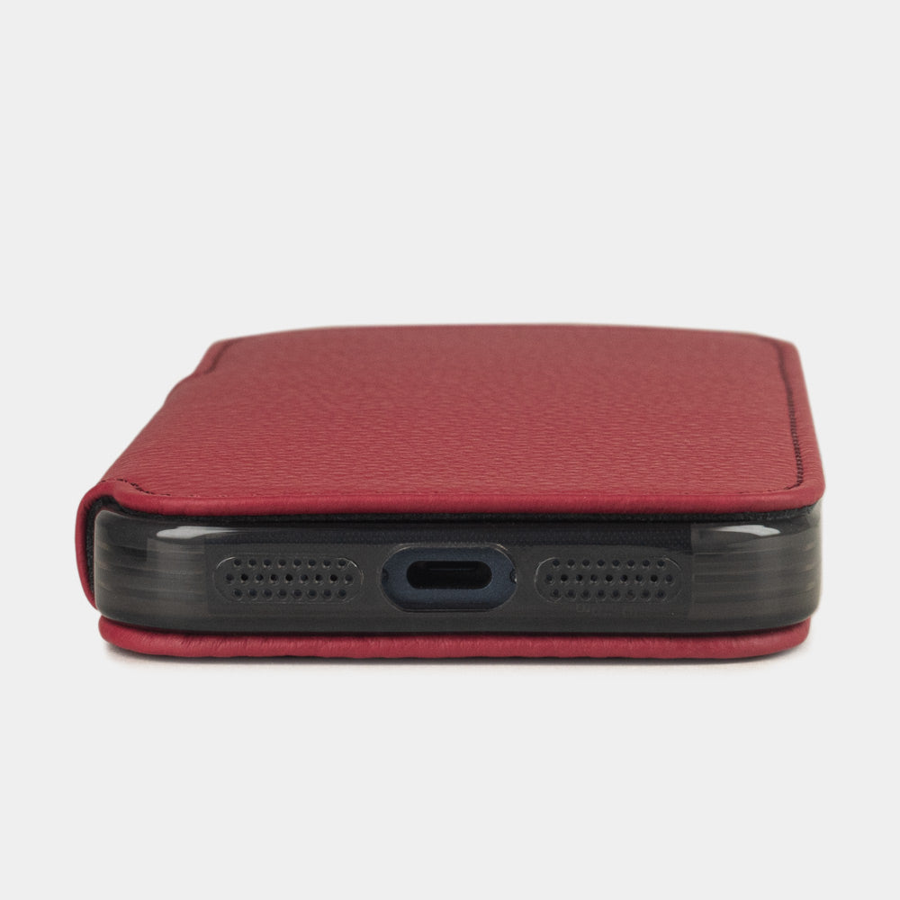 red calfskin Wallet Case iPhone 17 Pro Max - flat side view displaying ultra-thin handcrafted design, USB-C port opening and precise edge finishing