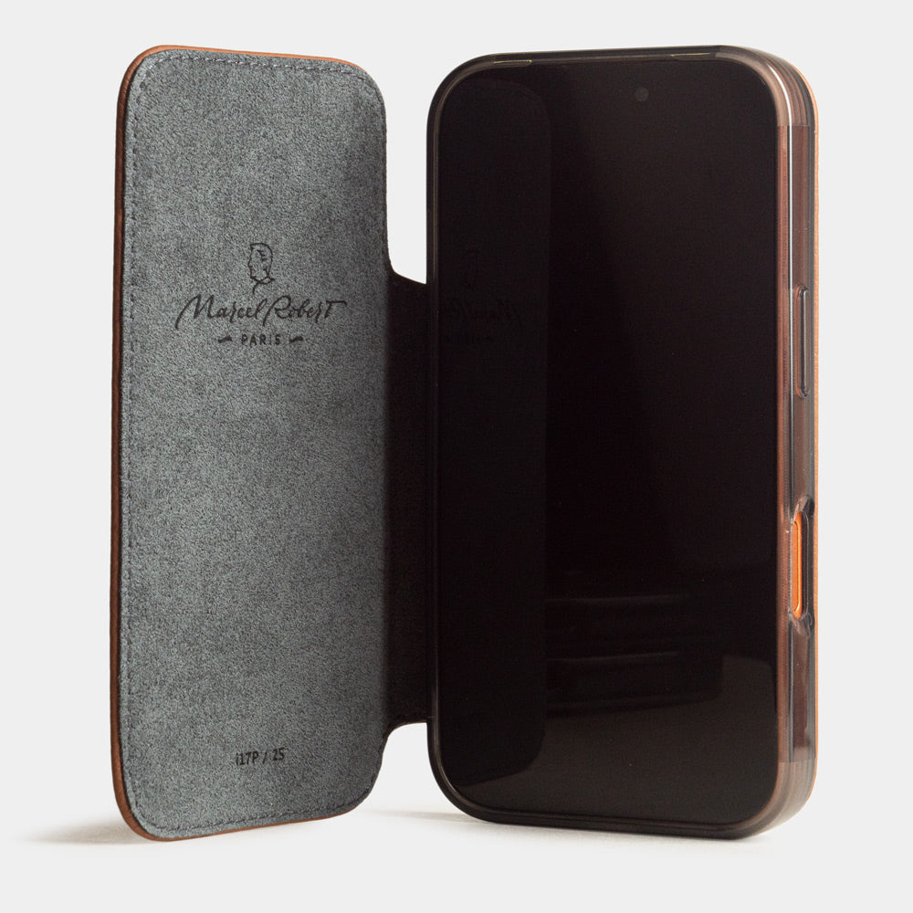 Gold Calfskin Wallet Case iPhone 17 Pro Max - case with grey Alcantara lining shown open on smartphone