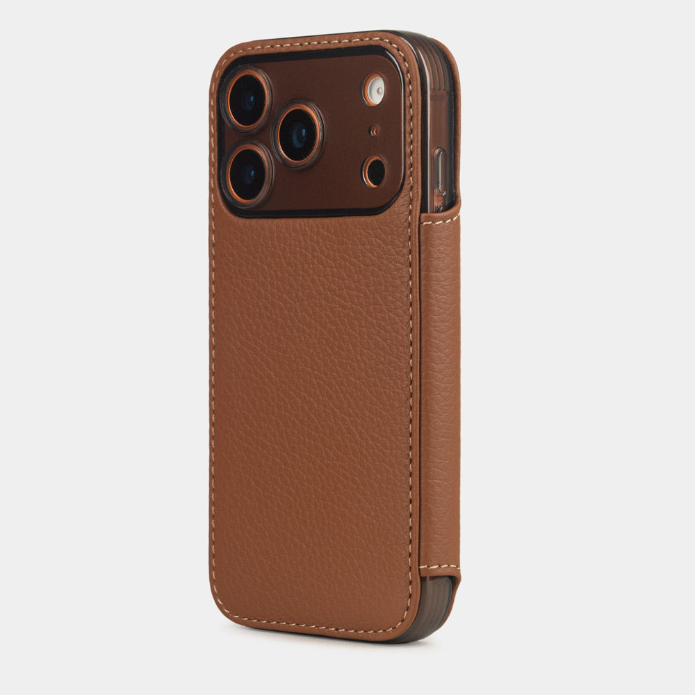 Gold Calfskin Wallet Case iPhone 17 Pro Max orange - view from camera side and how the lenses are efficiently protected