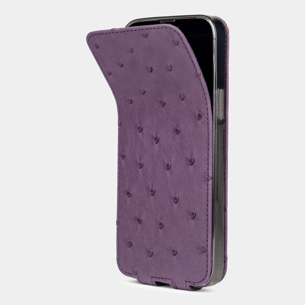 purple ostrich leather iPhone 13 mini flip case shown partially open, slim handcrafted leather cover with magnetic flap