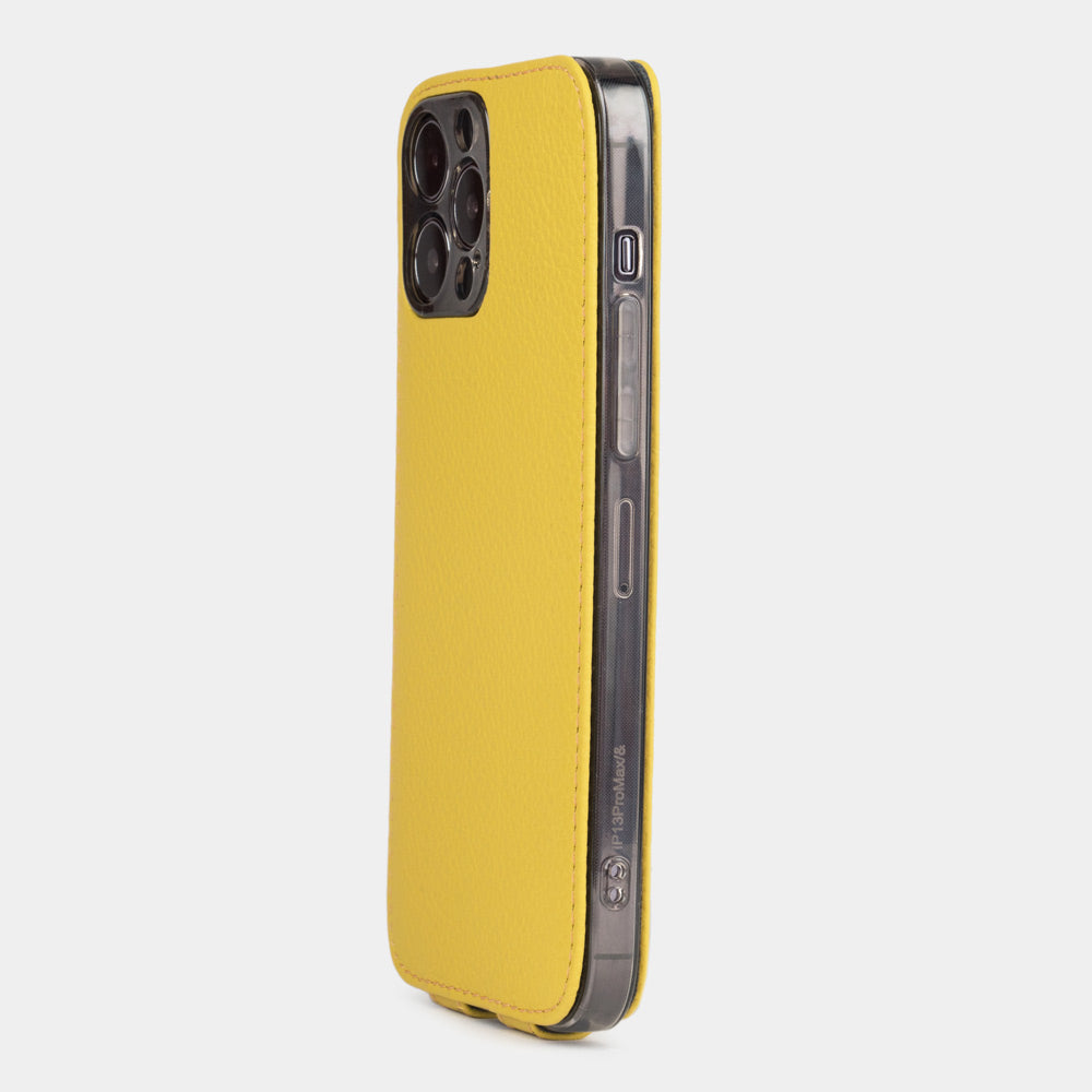 iPhone 14 Pro Max flip case made with yellow premium leather – view from the camera side showing how the leather efficiently protects the camera block