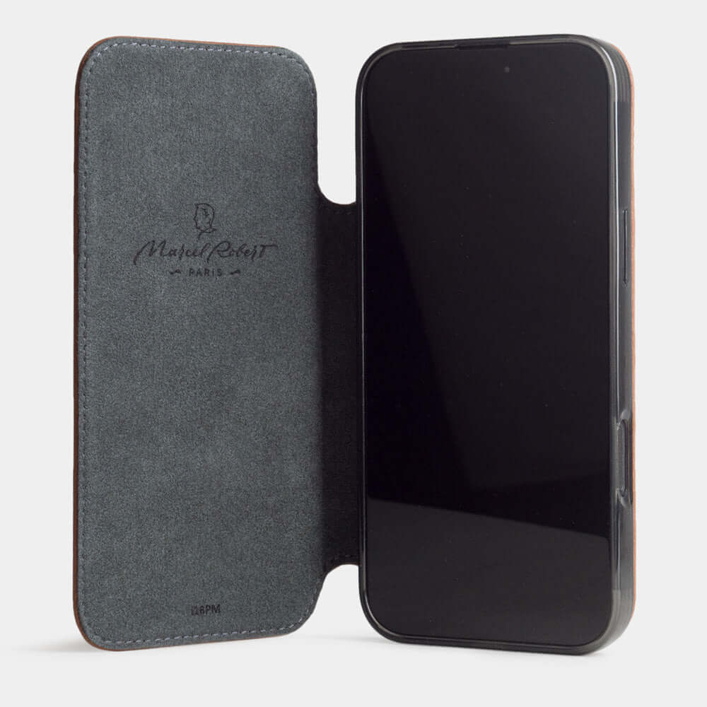 gold Calfskin Wallet Case iPhone 17 Air - case with grey Alcantara lining shown open on smartphone