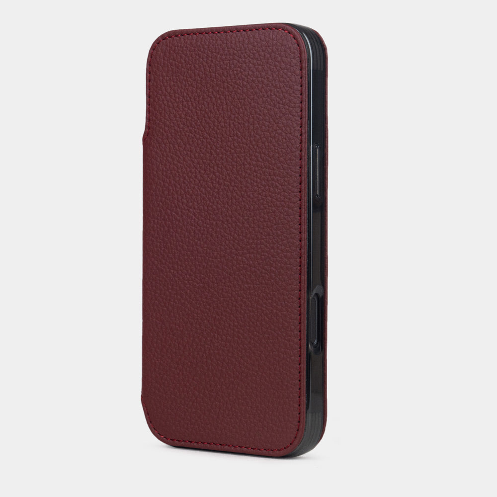 Front view of Marcel Robert iPhone 17 Pro Max folio case - made of bordeaux premium full-grain calfskin leather, closed position with magnetic cover