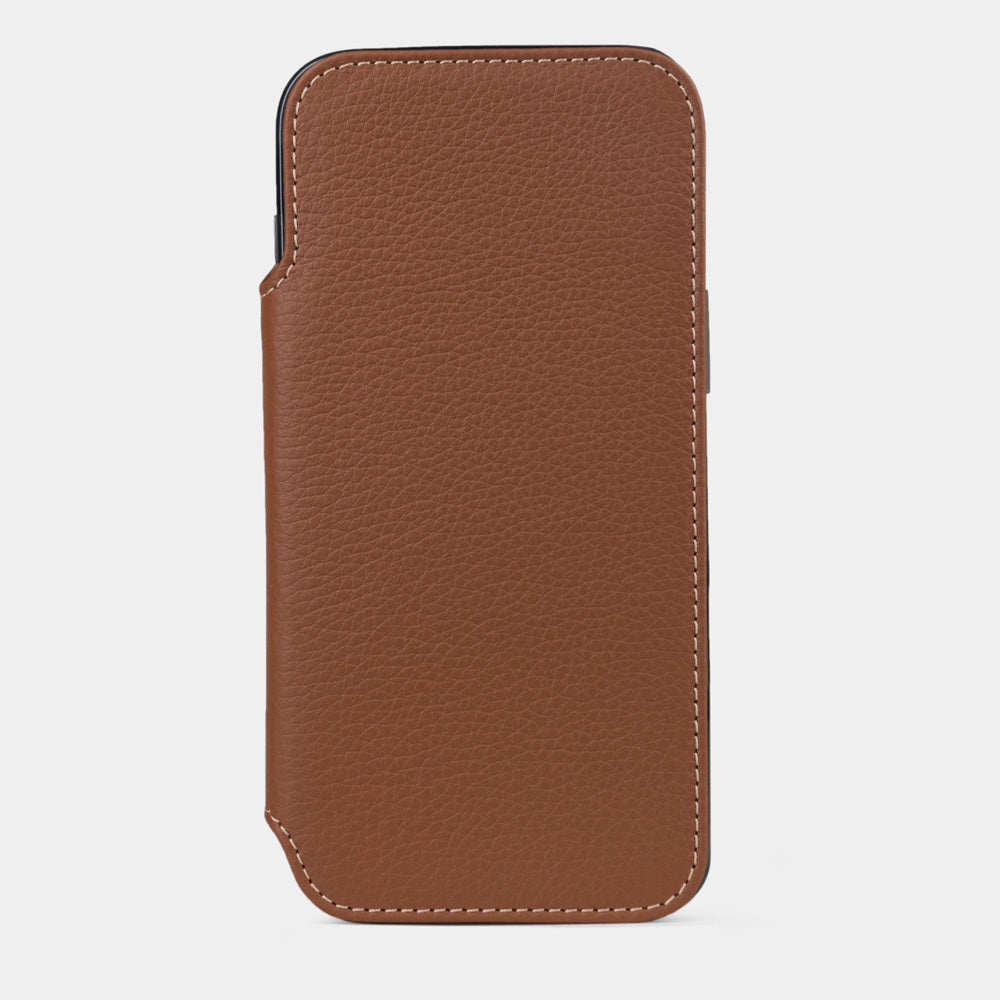 Front view of Marcel Robert iPhone 17 folio case in gold calfskin leather, closed with contrast stitching and magnetic cover