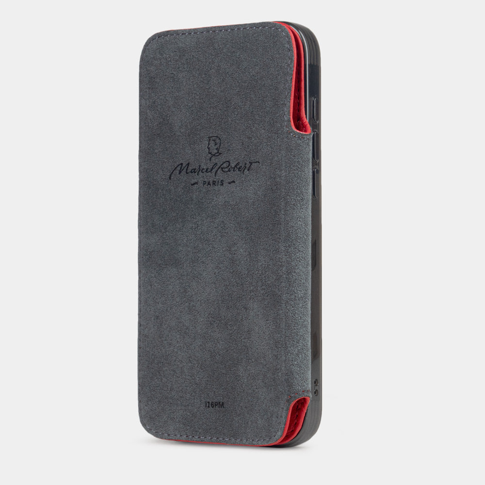 Interior view of Marcel Robert iPhone 17 flip case in red calfskin leather, grey Alcantara lining with magnetic closure