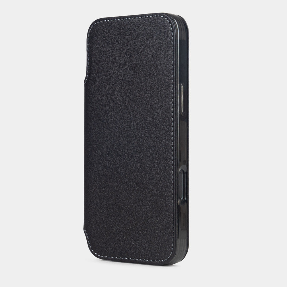 Front view of Marcel Robert iPhone 17 Pro Max folio case - made of black premium full-grain calfskin leather, closed position with magnetic cover | main image