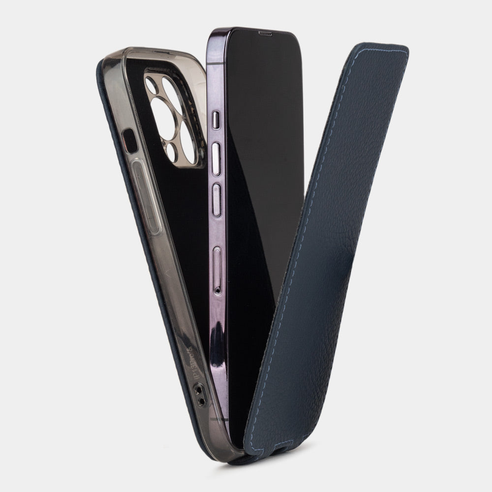 iPhone 14 Pro Max flip case made with blue premium leather – view showing how the iPhone sits in the slim silicone shell and the soft flap that protects the screen