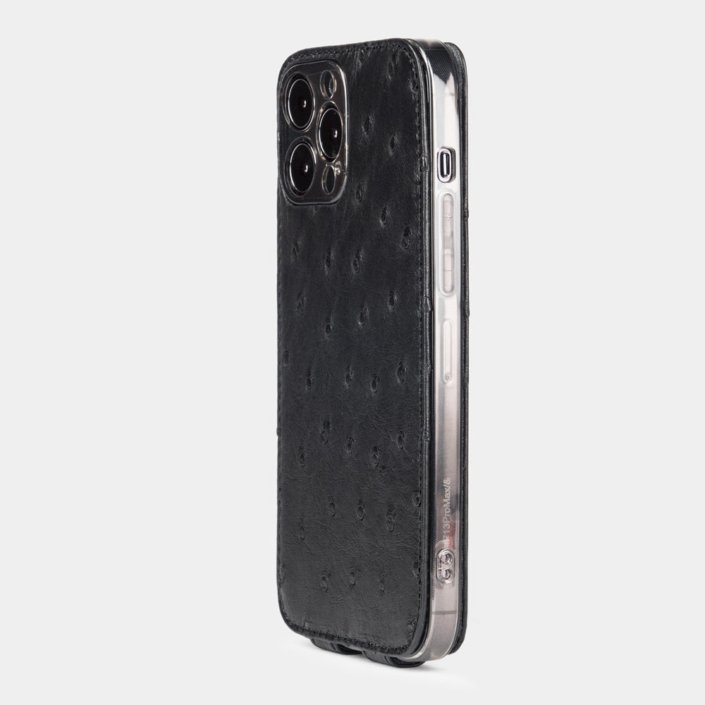 Black ostrich leather flip case for iPhone 14 Pro Max, MagSafe — Marcel Robert