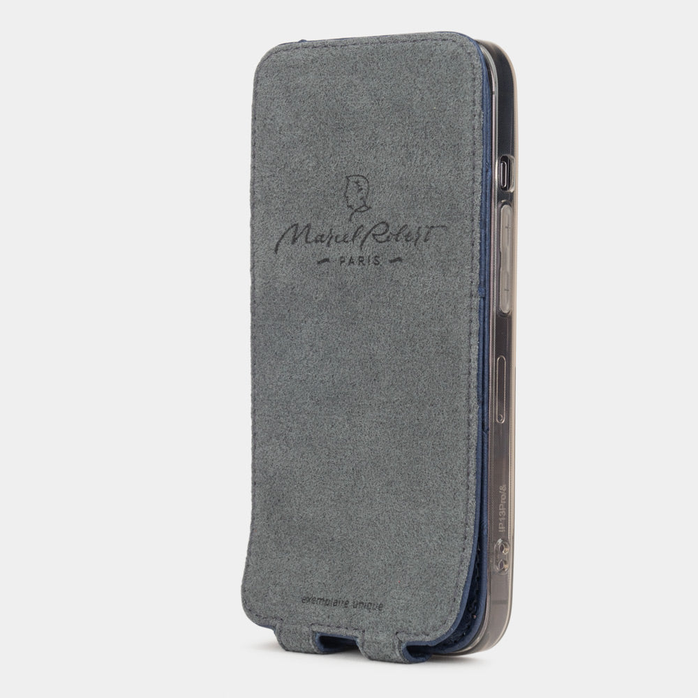 Blue ostrich leather flip case for iPhone 14 Pro Max, MagSafe — Marcel Robert
