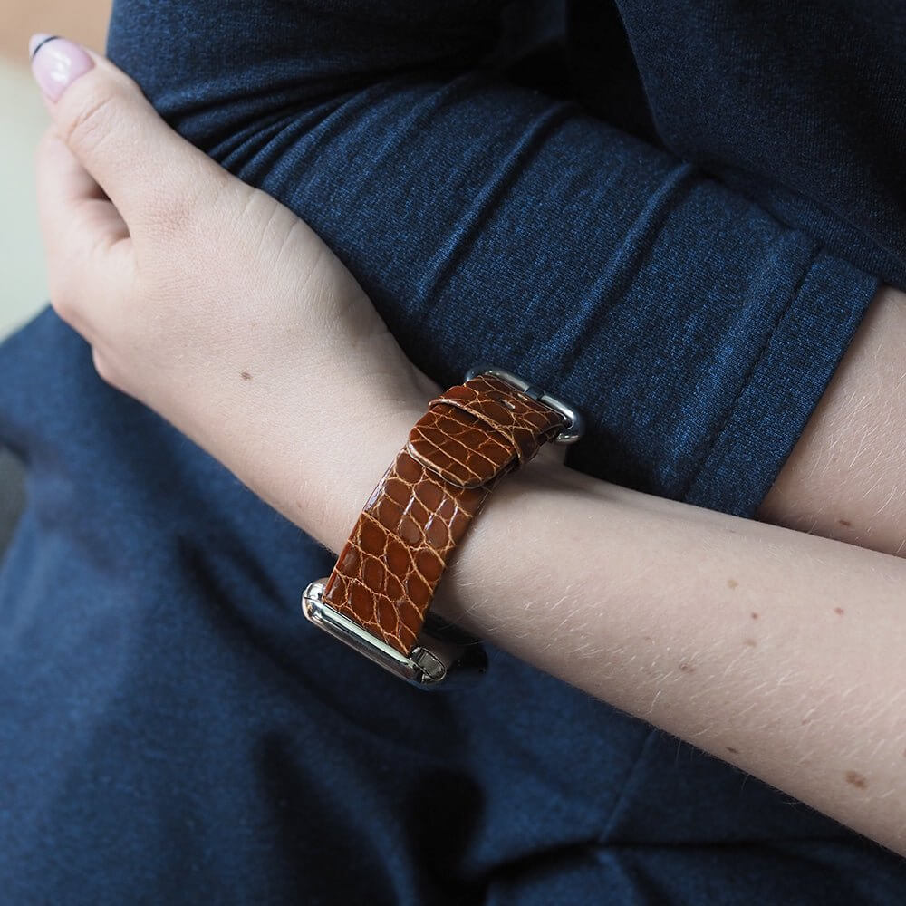 gold alligator strap Apple Watch steel adapters and buckle contextual visual