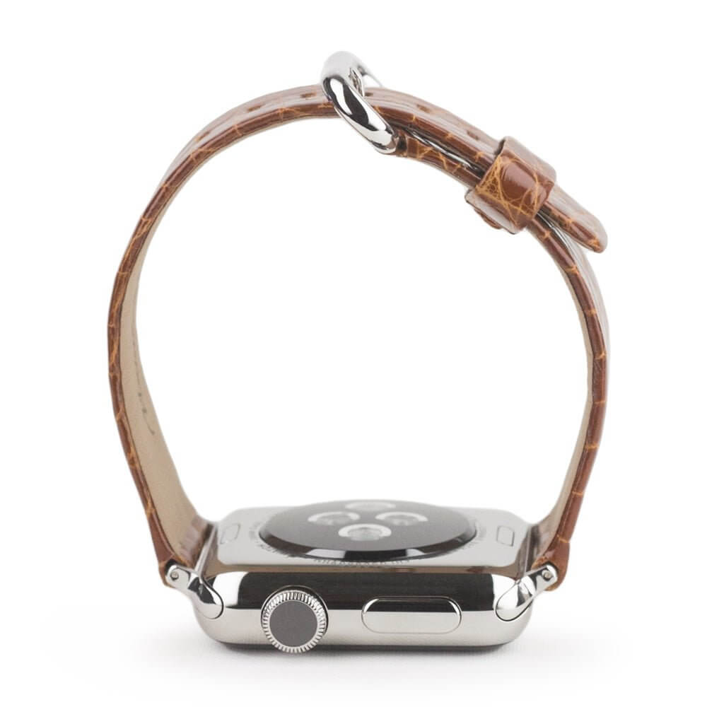 gold alligator strap Apple Watch steel adapters and buckle profile view