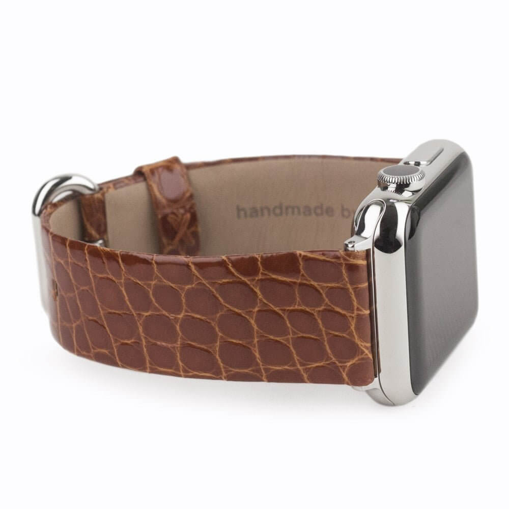 gold alligator strap Apple Watch steel adapters and buckle side view