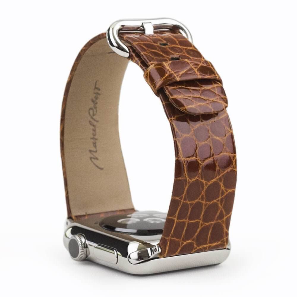 Correa para el Apple Watch 45/46 mm de piel de aligátor brillante en Gold, con adaptadores y hebilla de acero | vista de perfil completa para ver el grosor de la correa