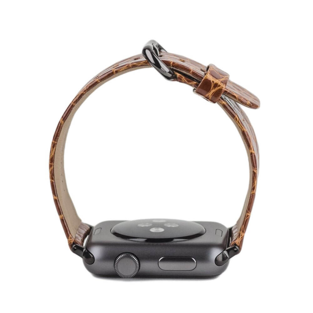 Correa para el Apple Watch 45/46 mm de piel de aligátor brillante en Gold, con adaptadores y hebilla negros | caja del reloj abajo para ver la textura del cuero, el forro interior y la hebilla