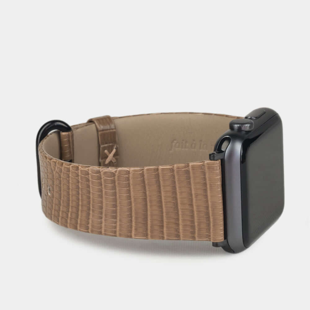 gold lizard strap apple watch black adapters and buckle side view