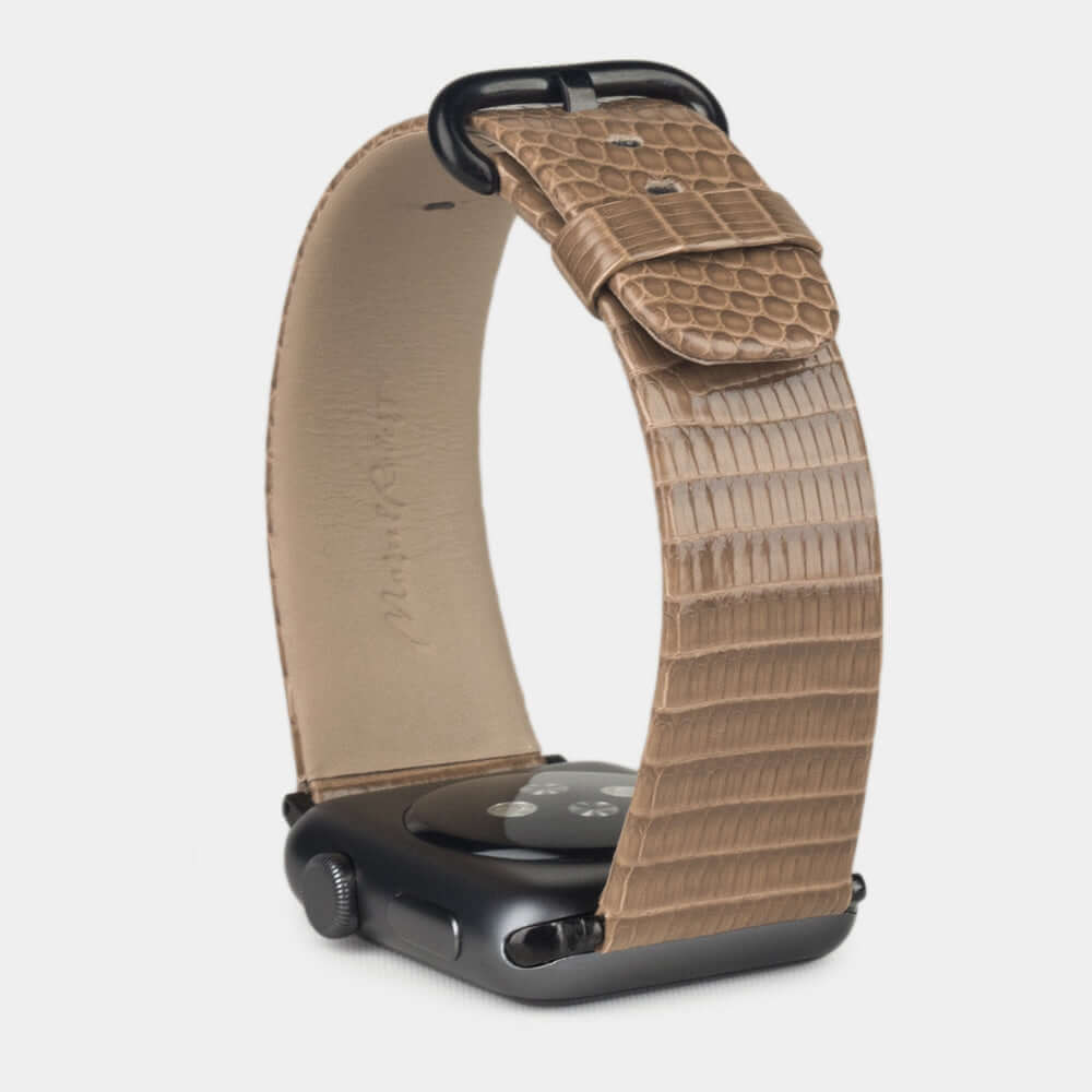 gold lizard strap apple watch black adapters and buckle upper view