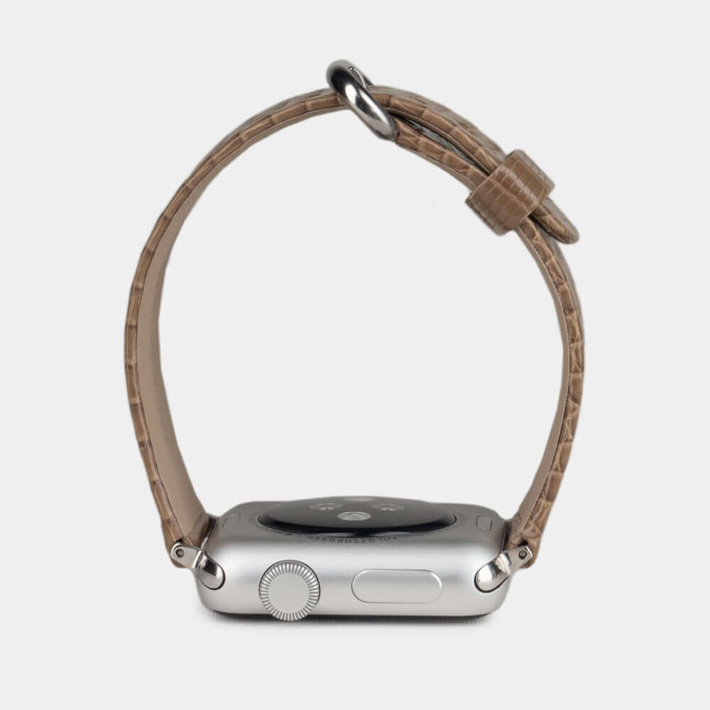 gold lizard strap apple watch steel adapters and buckle profile view