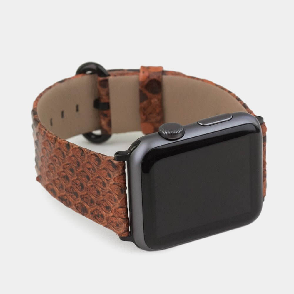 gold python strap apple watch with black adapters and buckle frontal view