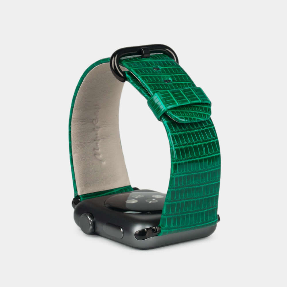 green lizard strap apple watch black adapters and buckle upper view