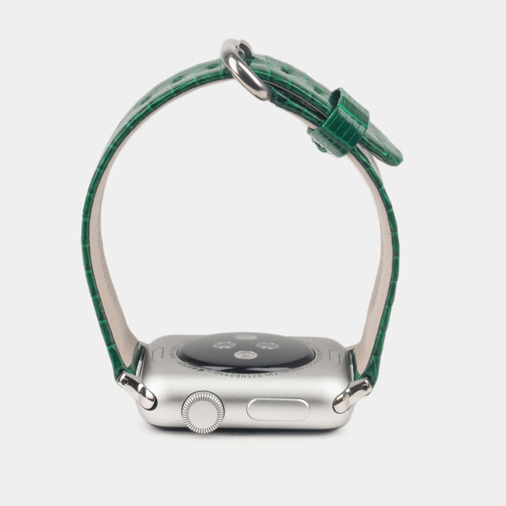 green lizard strap apple watch steel adapters and buckle profile view