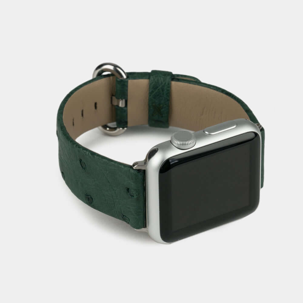 green ostrich strap apple watch with steel adapters and buckle frontal view