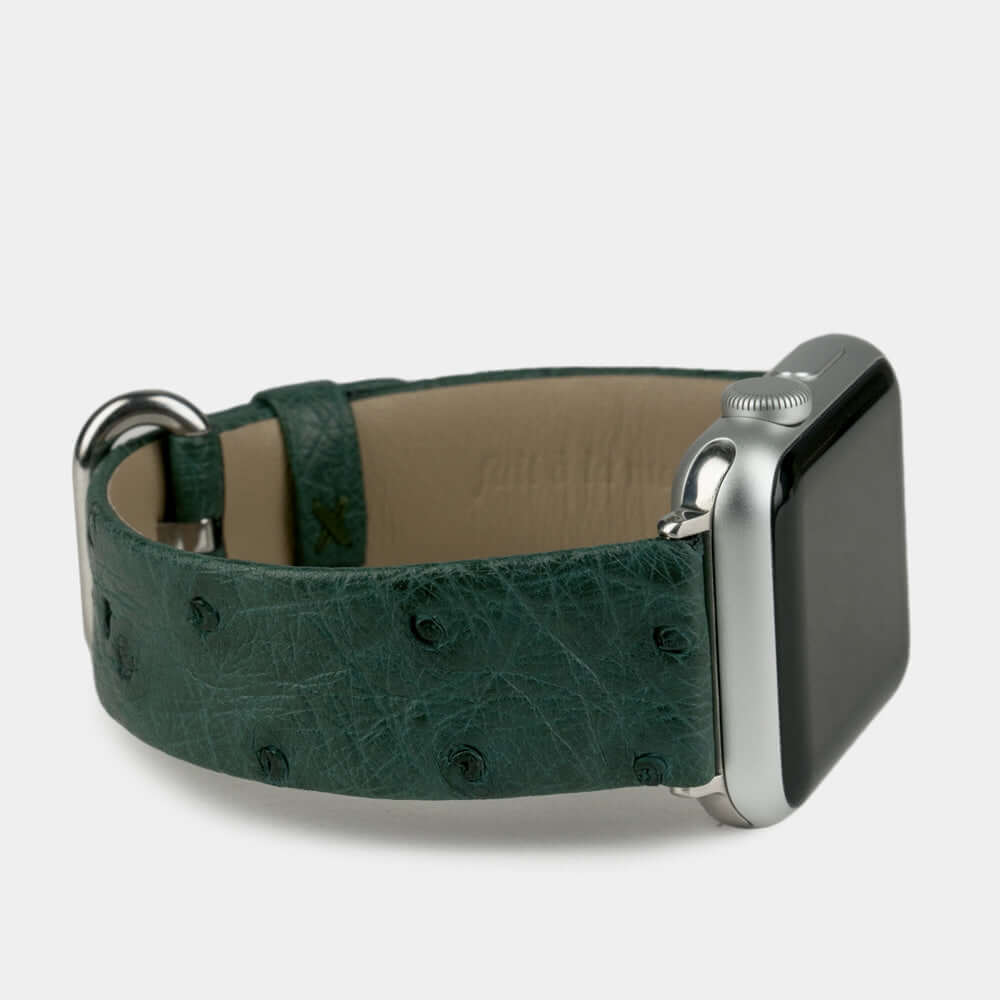green ostrich strap apple watch with steel adapters and buckle side view