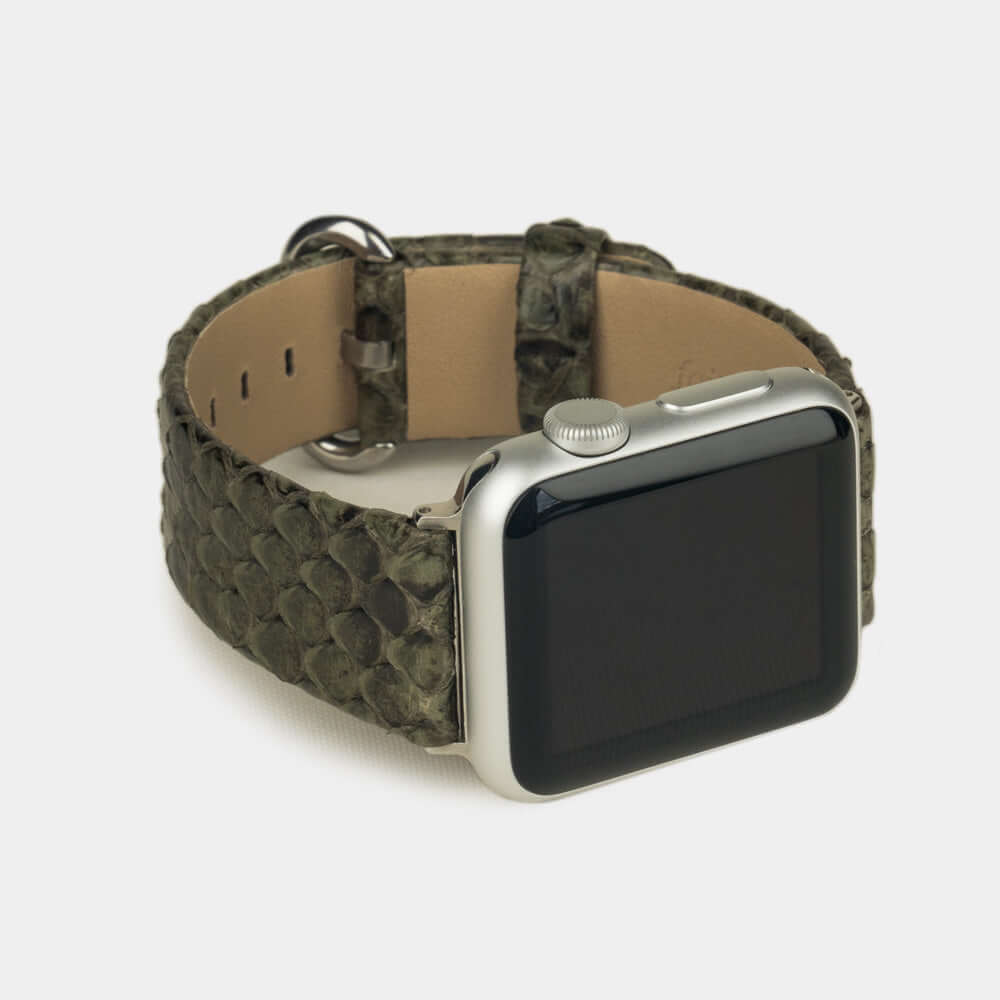 green python band apple watch with steel adapters and buckle frontal view