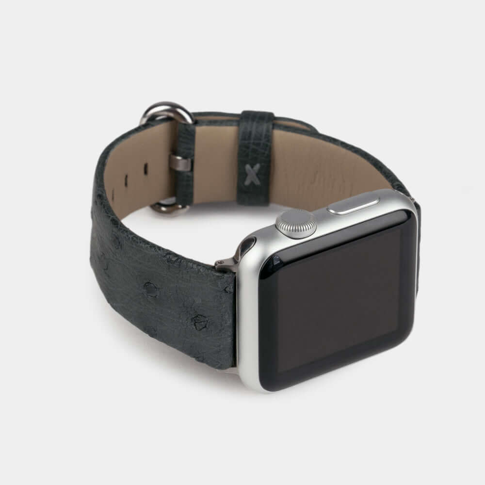 grey ostrich strap apple watch with steel adapters and buckle frontal view