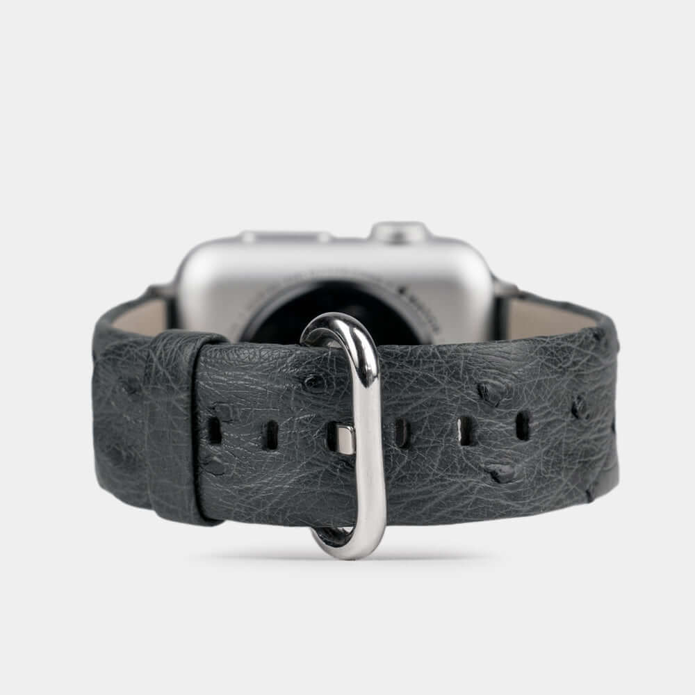 grey ostrich strap apple watch with steel adapters and buckle main image