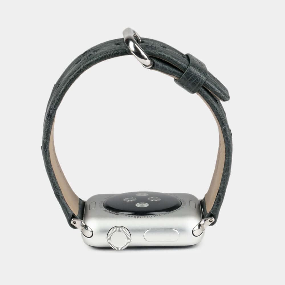 grey ostrich strap apple watch with steel adapters and buckle profile view