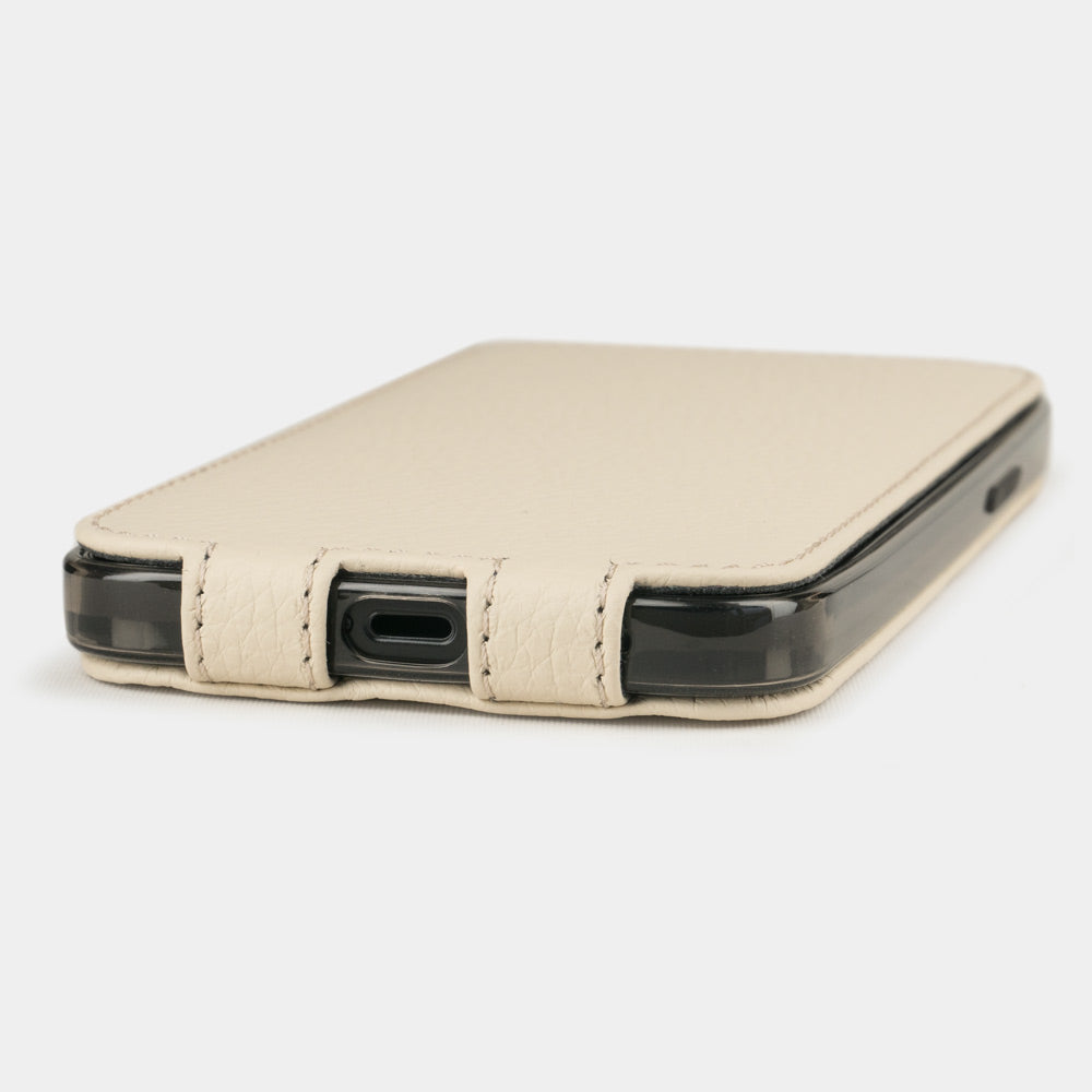 beige leather flip case for iPhone 12 Pro, view of the case laid flat showing its slim profile