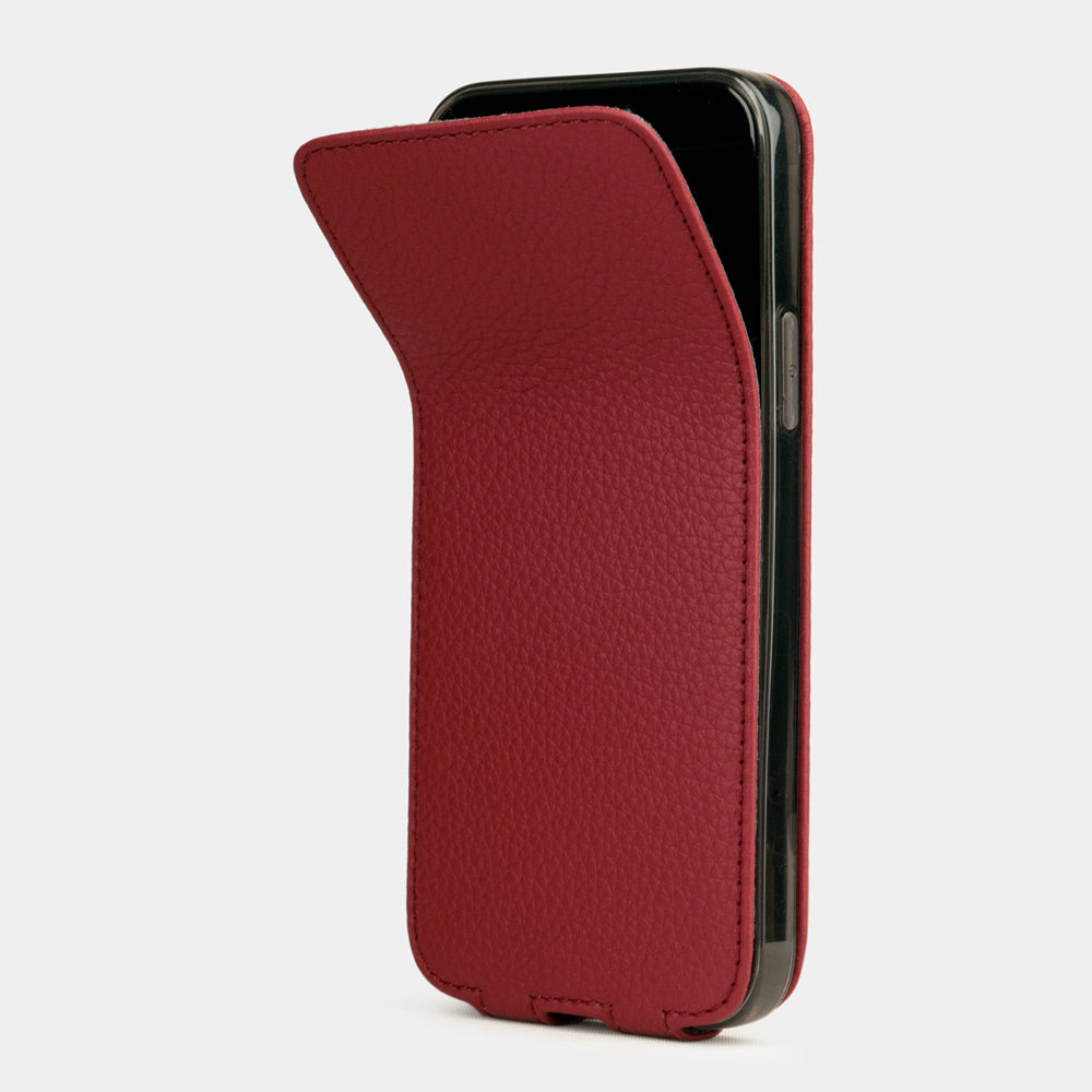 cherry leather iPhone 12 Pro Max flip case shown partially open, slim handcrafted leather cover with magnetic flap