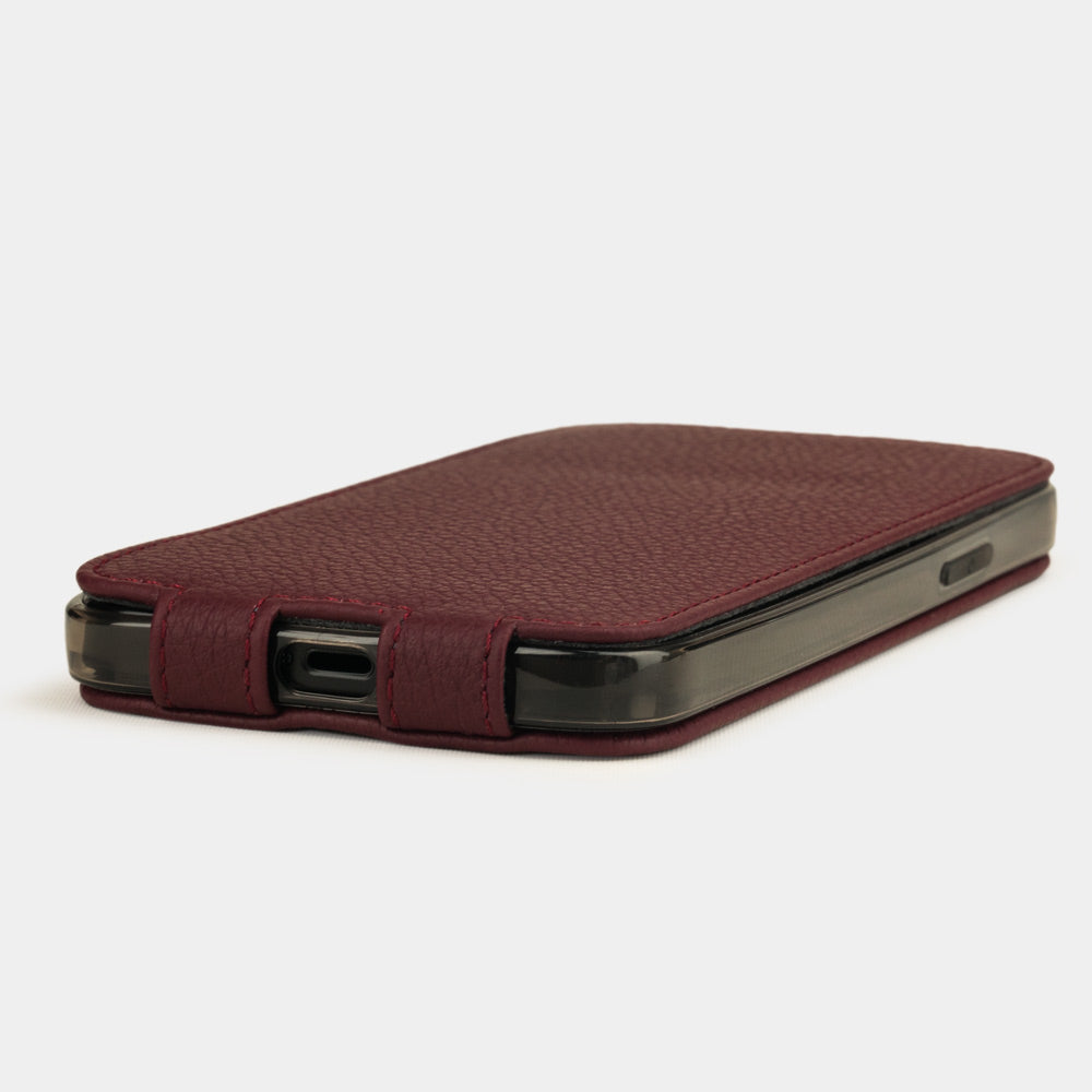 bordeaux leather flip case for iPhone 12 Pro, view of the case laid flat showing its slim profile