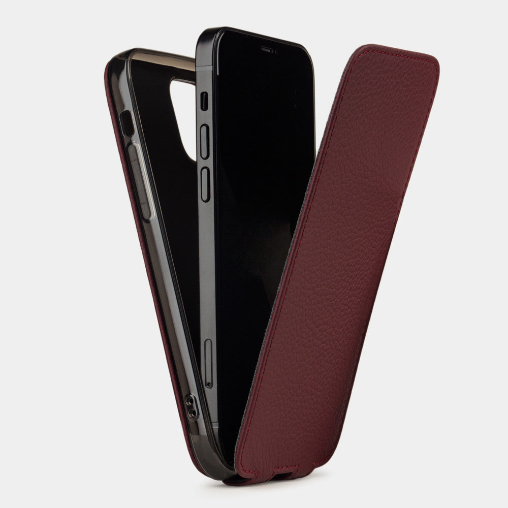 bordeaux leather iPhone 12 Pro case showing slim protective silicone shell and magnetic flip cover