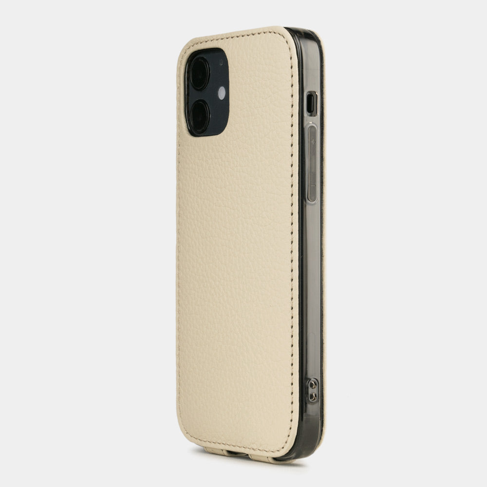 beige leather iPhone 12 mini flip case rear view showing camera cutout