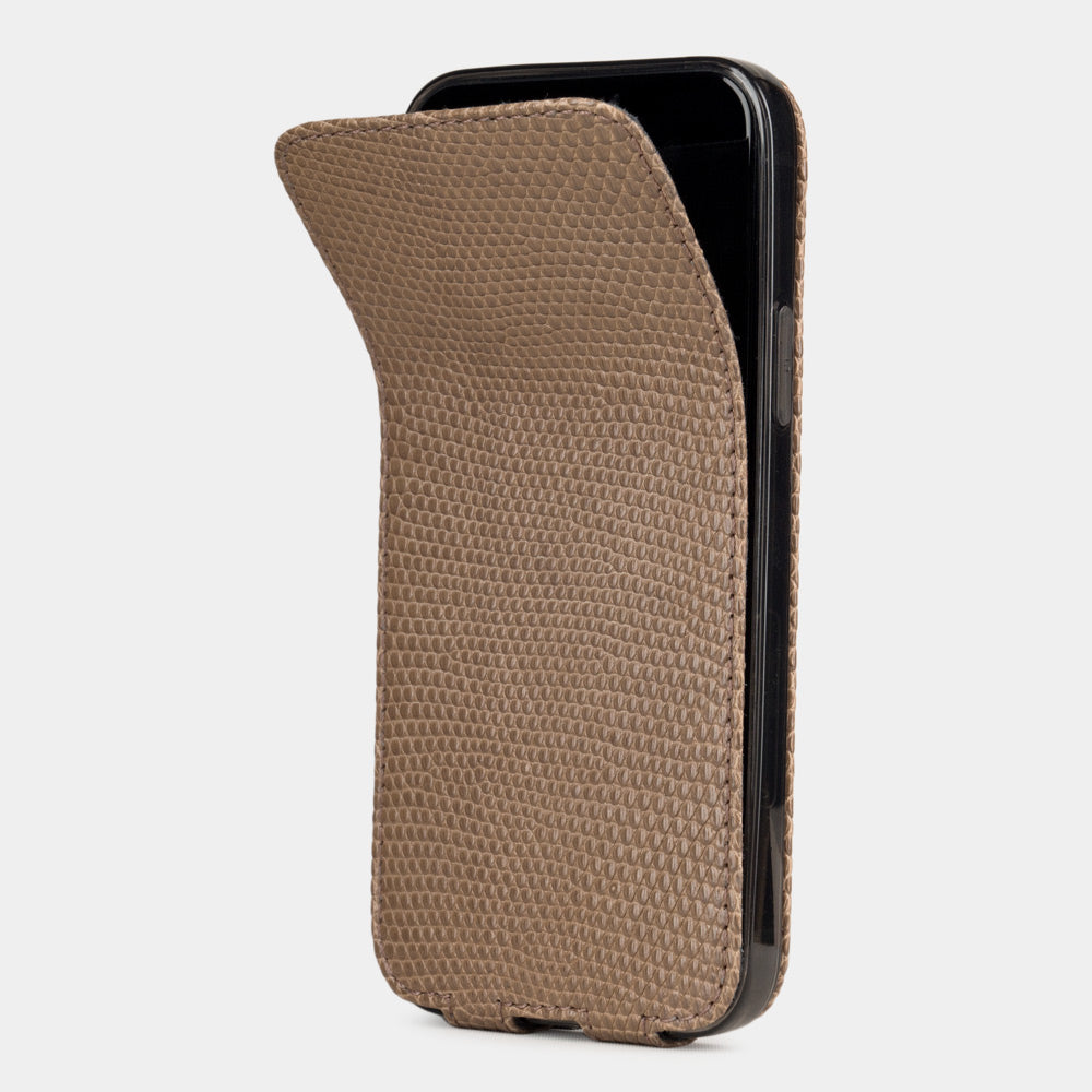beige lizard leather iPhone 12 mini flip case partially open showing handcrafted exotic leather cover with magnetic flap