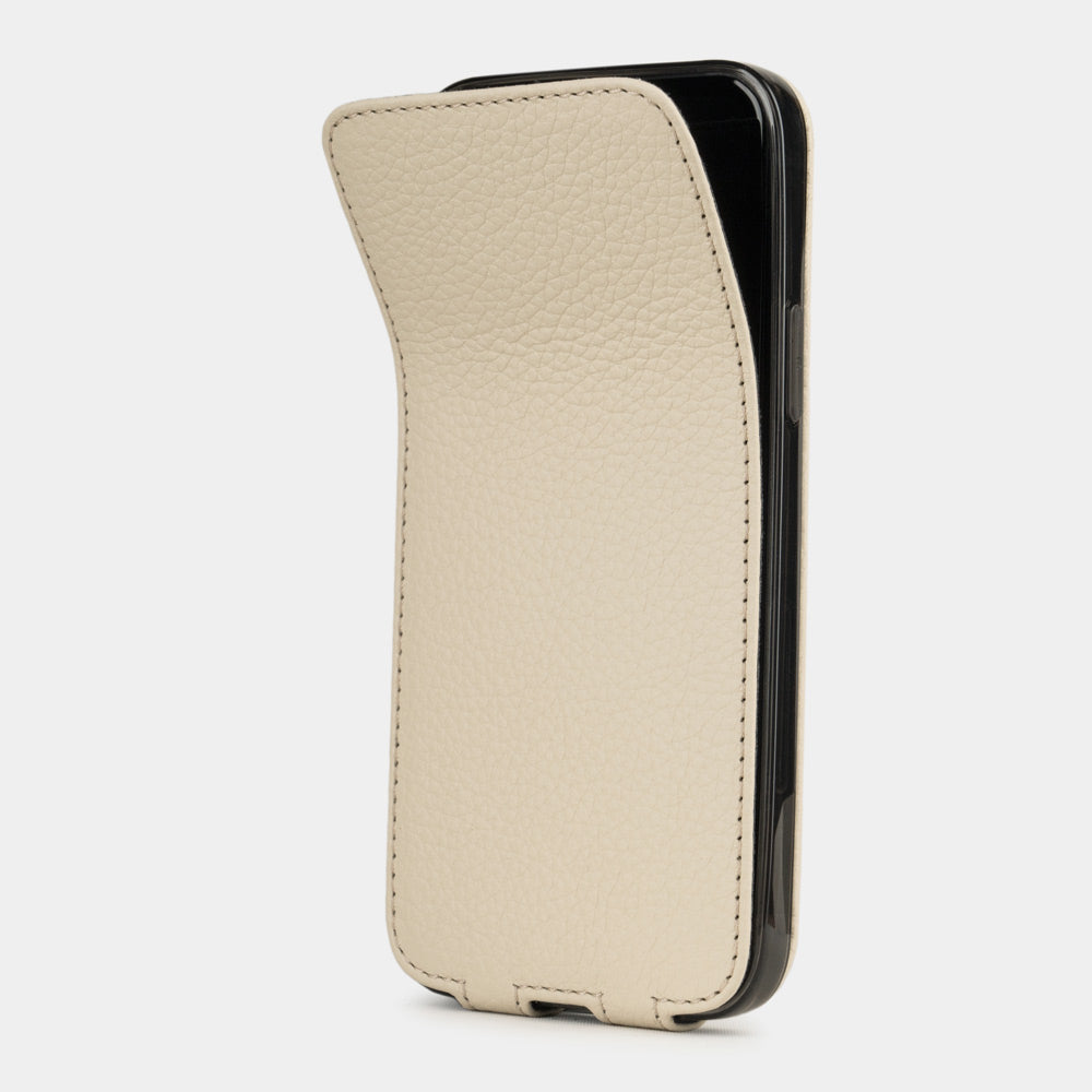 beige leather iPhone 12 pro flip case shown partially open, slim handcrafted leather cover with magnetic flap