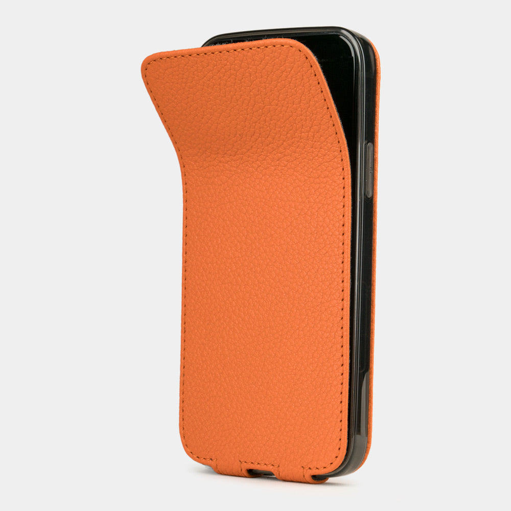 orange leather iPhone 12 pro max flip case shown partially open, slim handcrafted leather cover with magnetic flap