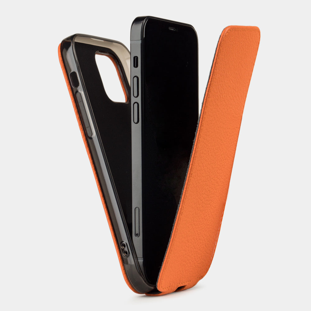 orange leather iPhone 12 pro max case showing slim protective silicone shell and magnetic flip cover
