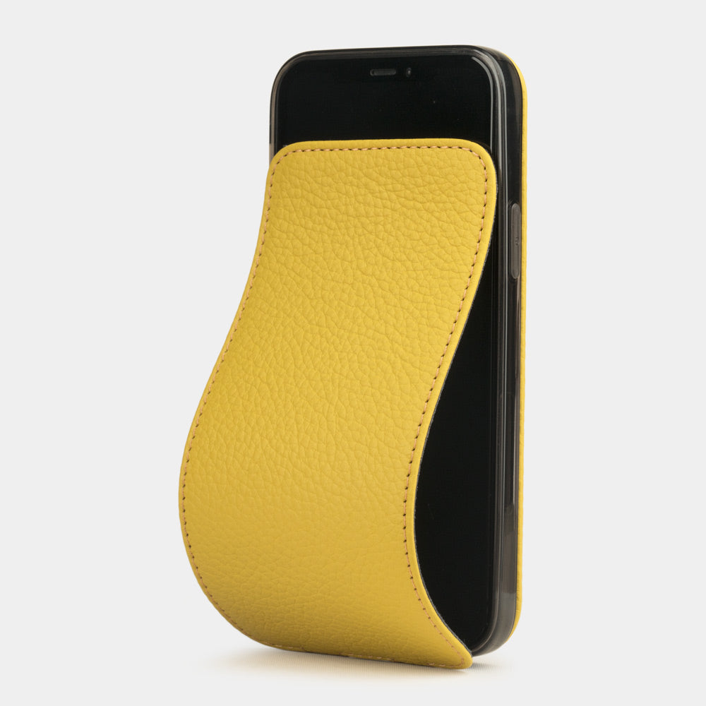 yellow leather iPhone 12 pro max case with slim magnetic flip cover - main visual