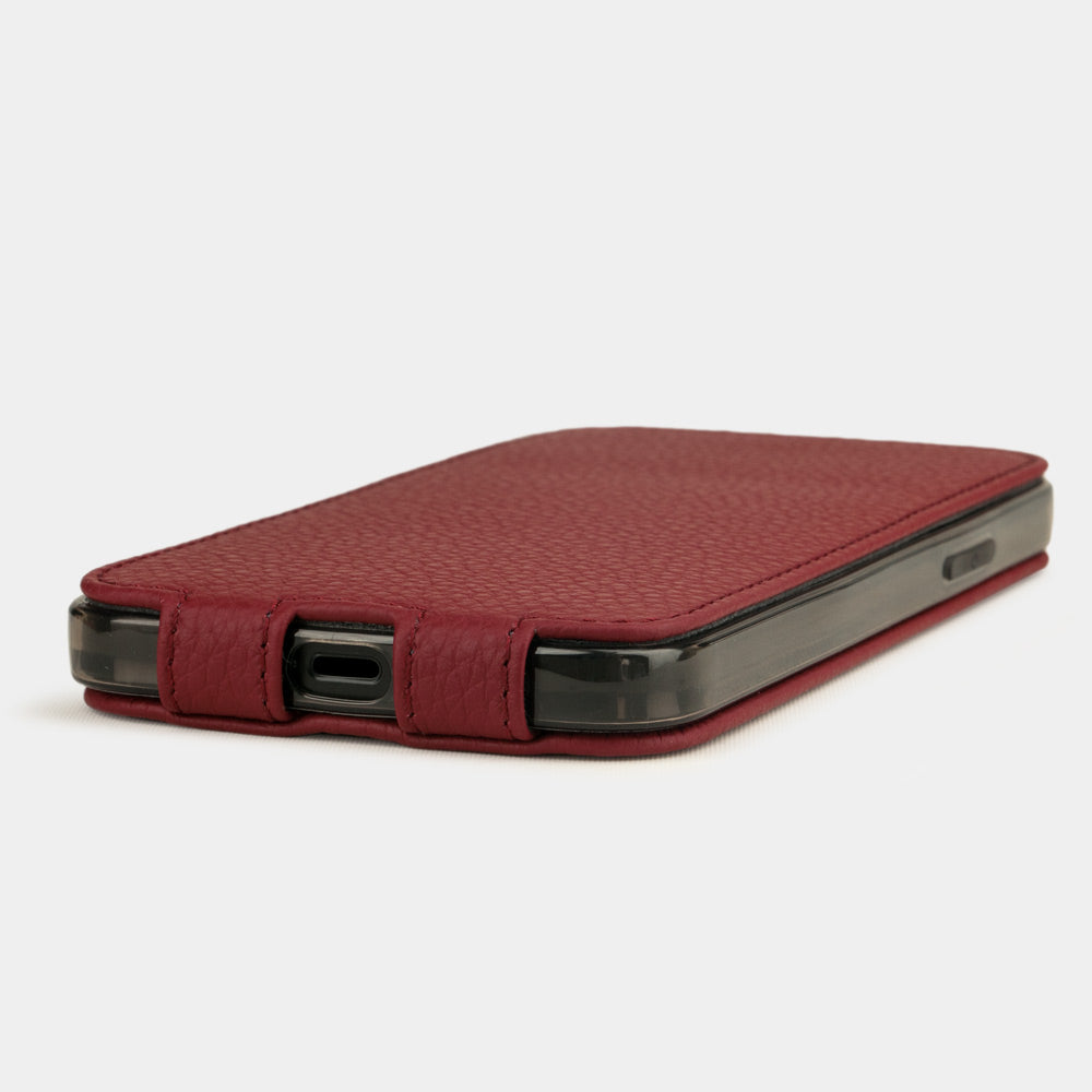 cherry leather flip case for iPhone 12 pro max, view of the case laid flat showing its slim profile