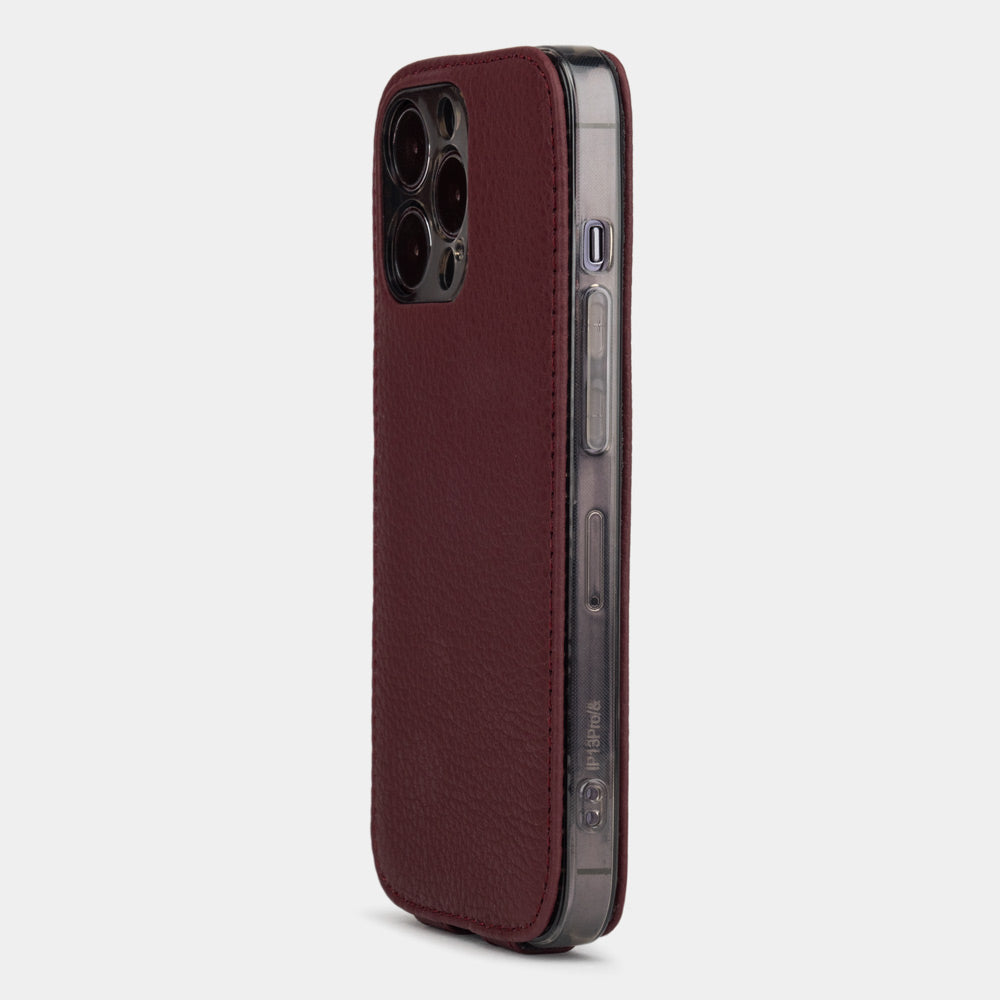 bordeaux leather iPhone 13 pro max case rear view showing the camera opening
