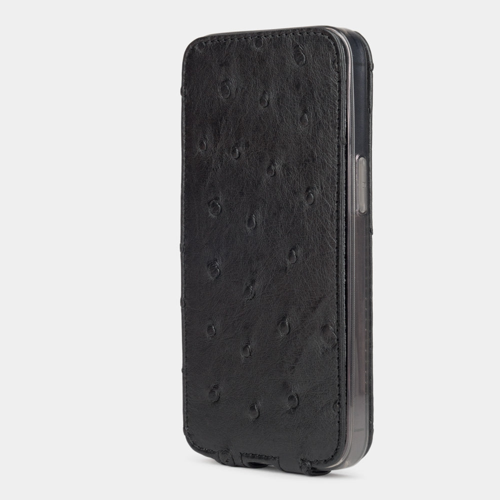 black ostrich leather iphone 13 mini flip case in an upright position, cover closes securely thanks to its integrated magnet system