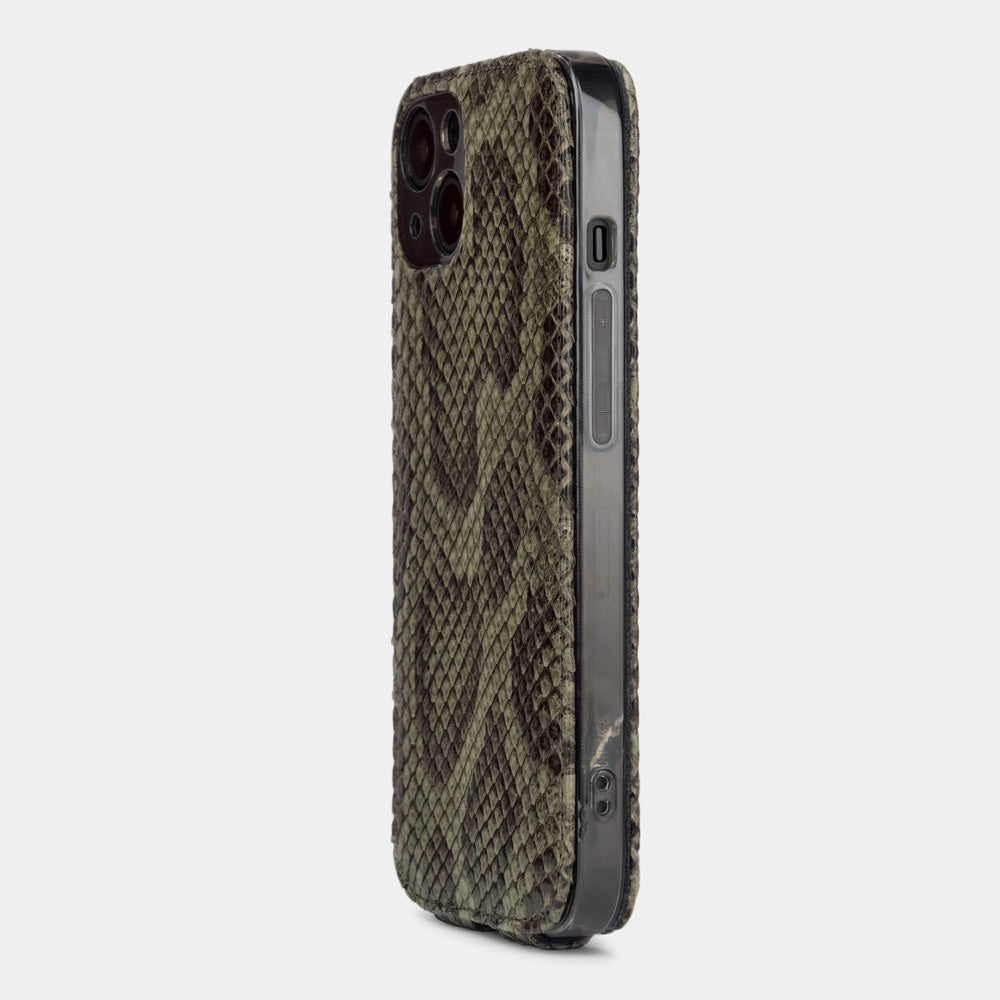 green python leather iPhone 13 mini case rear view showing camera cutout and exotic leather texture