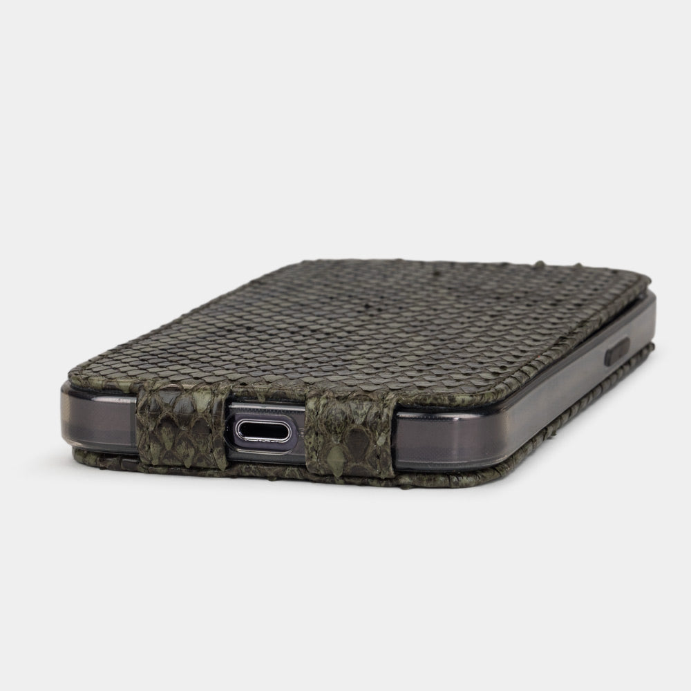 Green python leather flip case for iPhone 15 Pro – bottom edge with the port opening and hand-finished edges
